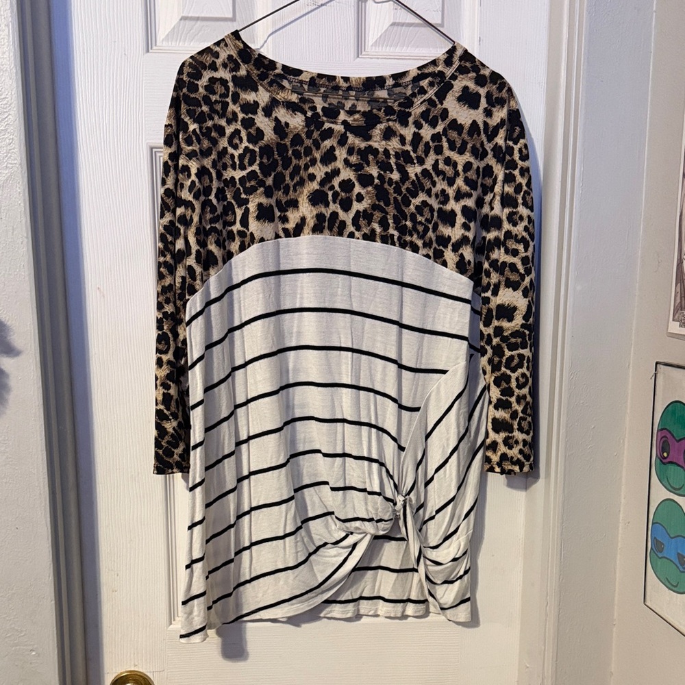 Leopard & Stripe Knot-Front Women's Top - Beige/Black